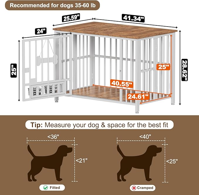 Easycom 41" Dog Crate Furniture Foldable, No Assembly Decorative Dog Kennel Indoor, Dog Crates for Large Dogs(35-60 lb), Wooden Dog Crate with Adjustable Bowls and Name Tag, End Table, White & Beech