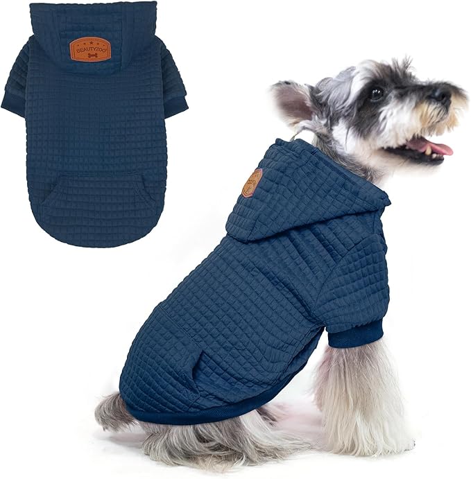 BEAUTYZOO Small Dog Hoodie Sweater with Pockets, Dog Clothes for Small Medium Dogs Boy Girl, Waffle-Like Laminated Cotton Pet Coats with Hat and Leash Hole, Navy Blue SM