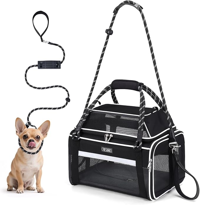 Lekereise Top Expandable Pet Carrier TSA Airline Approved Soft Sided Underseat Up to 12lbs Travel Carriers for Small Cats and Dogs with Convertable Dog Leash and Anti-Scratch Mesh