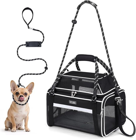 Lekereise Top Expandable Pet Carrier TSA Airline Approved Soft Sided Underseat Up to 12lbs Travel Carriers for Small Cats and Dogs with Convertable Dog Leash and Anti-Scratch Mesh