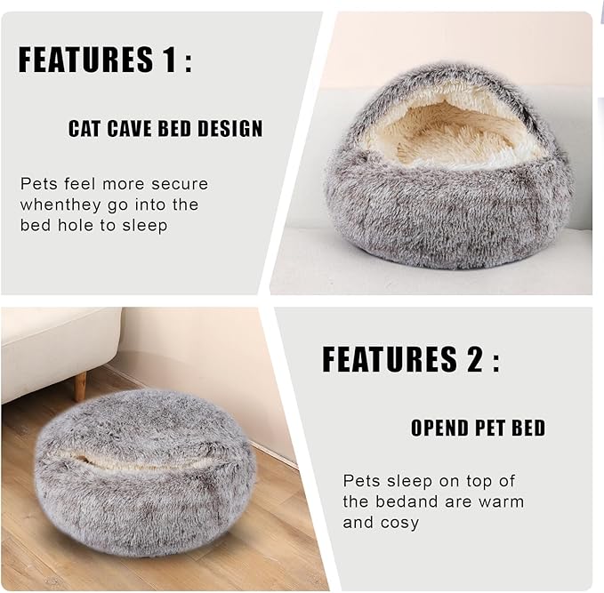 Cat Beds for Indoor Cats,Cat Cave for Puppy and Kitty,Calming Small Dog Bed for Small Dogs with Cover Cave,Cozy Warming Fluffy Washable Anti-Slip Pet Sleeping Bag(24 * 24inch,Khaki)