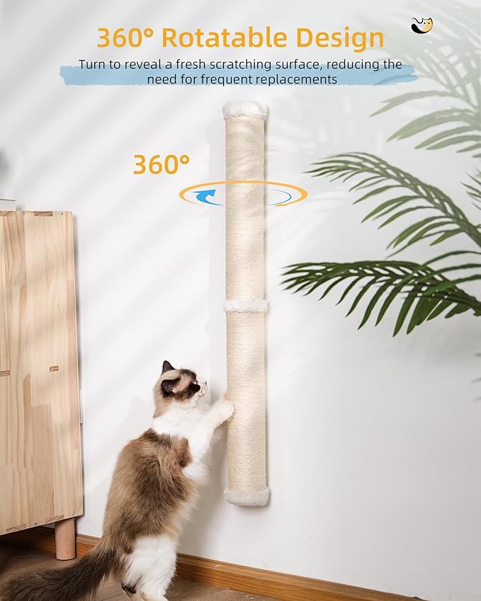 34'' Wall Cat Scratching Post, Wall Mounted Cat Scratcher Furniture for Indoor Active Cats, Tall Sisal Pole for Large Adult Cat Pet Climb Stretch Walk