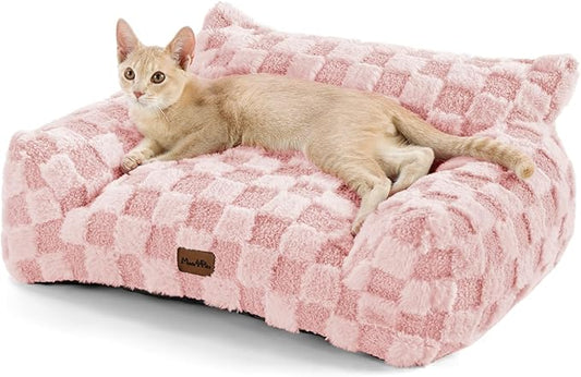 MADE 4 PETS Cat Beds for Indoor Cats, Cat Couch Bed, Soft Faux Fur Checkered Pet Sofa, Calming Fluffy Kitten Sofa with Supportive Foam, Removable Washable Cover with Non-Slip Base, Pink, Small
