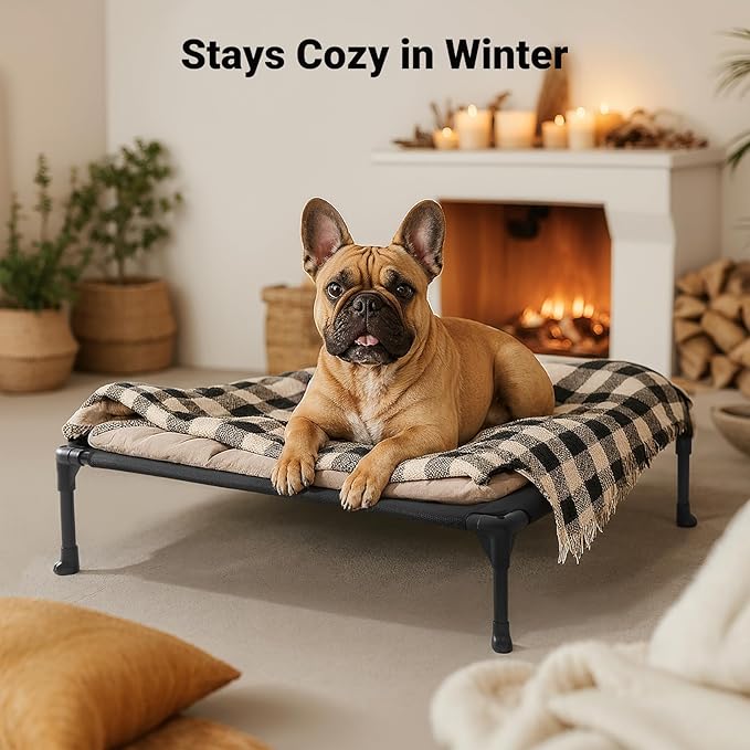 Veehoo Outdoor Elevated Dog Bed for Medium Dogs, Cooling Raised Dog Cots Beds Training Platform Off Ground Hammock with Breathable Mesh, No-Slip Feet, 32"x25", Black