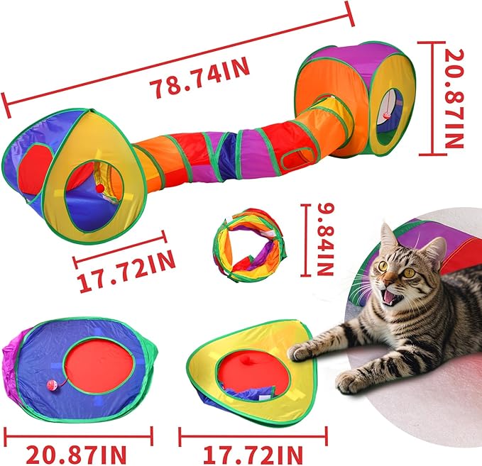 Pet Cat Tunnel, Tent Kit Tunnels for Indoor Cats, Collapsible Pet Tunnel for Kitten, Puppy, Rabbit, 25cm-Wide Tunnels, Durable & Breathable, with Peek Hole Toy Ball