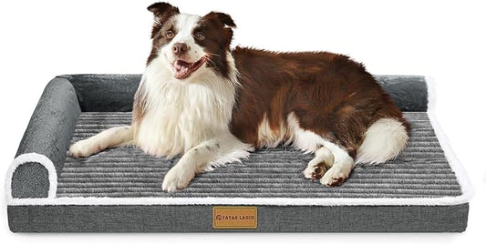 Patas Lague Orthopedic XL Dog Bed Large Sized Dog 48''X30'', Waterproof Comfortable L Bolster Big Extra Large Non-Slip Soft Warm Pet Crate Bed Sleep Sofa mat with Removable Washable Cover, Grey