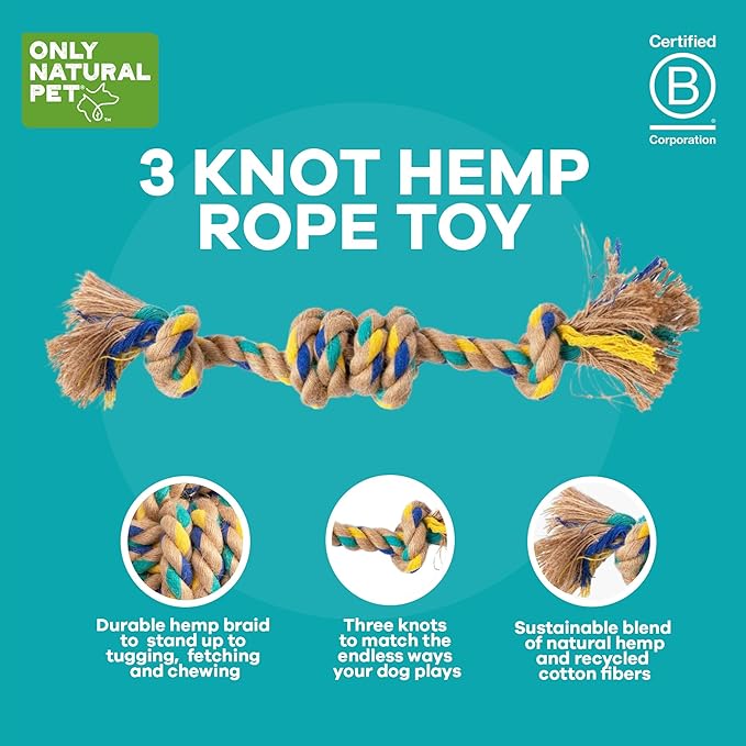 Only Natural Pet Hemp and Recycled Cotton Tug & Fetch Dog Toy - Interactive Chew Rope With Knots - Eco-Friendly, Engaging, Durable Braid | 3 Knot, 15" x 3"