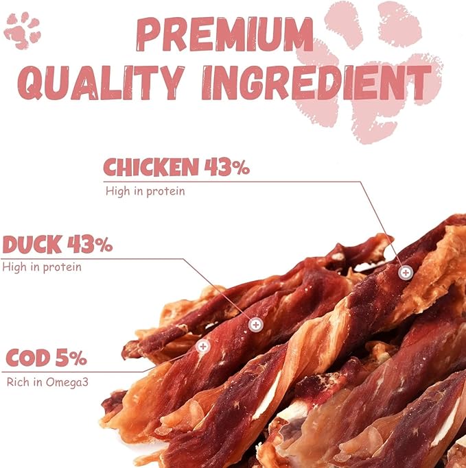 Dog Jerky Treats, Triple Flavor Chicken Duck Wrapped Cod Twisted Sticks 5'', Rawhide Free Grain Free Dog Training Snacks Chews for Small Medium Large Dogs, 10.6oz