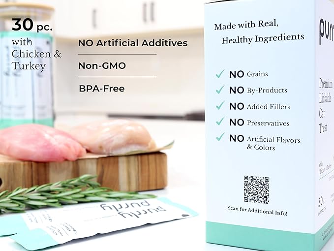 Purrly Interactive Lickable Cat Treats Low Calorie Human-Grade Chicken Breast & Turkey with L-Lysine & Astaxanthin for Immunity (30 Count) Non-Seafood Hydrating BPA-Free for All Ages