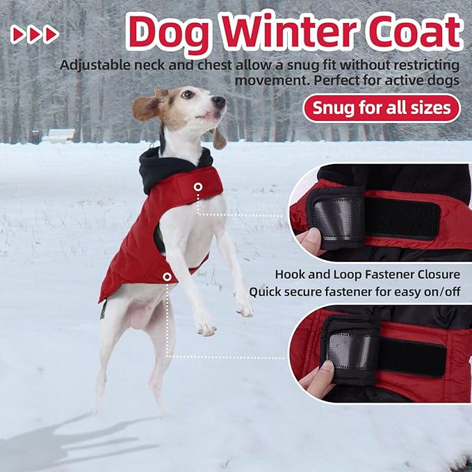 Nanaki Small Dog Puffer Jacket with Leash Hole, Warm Winter Coat Dog Puffer Coat Reflective, Lightweight Windproof Snowsuit for Hiking Walking Outdoor Activities, Halloween Christmas Easy on, Red