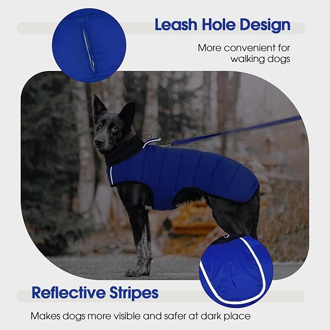 IDOMIK Waterproof Dog Winter Coat, Reflective Warm Dog Puffer Jacket with Harness Hole, Adjustable Lightweight Snow Jacket with Turtleneck, Pet Cold Weather Coats for Small Dogs,Blue,S
