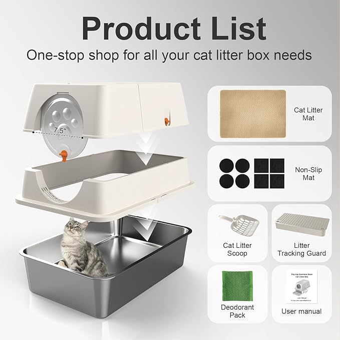 Stainless Steel Litter Box with Lid, XL Extra Large Litter Box, Enclosed Top Entry Metal Litterbox for Big Cats, Easy Cleaning, Anti-Leakage & High Sided with Mat, Aisle & Scoop, Beige