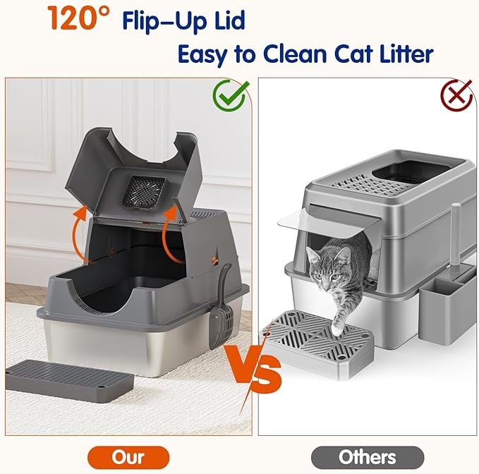 Front & Top Entry Stainless Steel Litter Box with Lid,Cat Litter Box Enclosure,Extra Large Enclosed,Non-Sticky Metal Pan,Anti-Leakage,Odor Control,Easy Clean,Covered for Indoor Cats,Includes Scoop Set