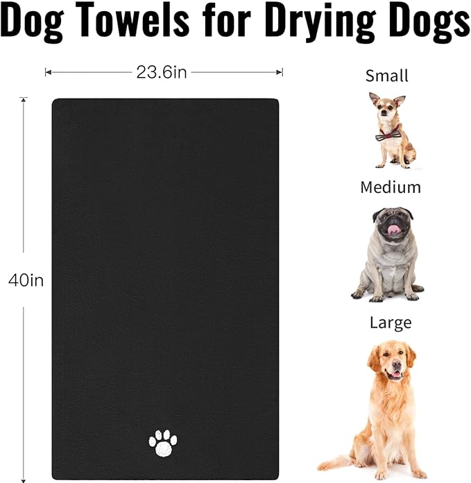 3 Pack Microfiber Dog Towels for Drying Dogs, Super Absorbent and Soft Pet Grooming Towel, 40 Inch X 23.6 Inch, Perfect Dog Drying Towels for Large, Medium or Small Dogs, Black