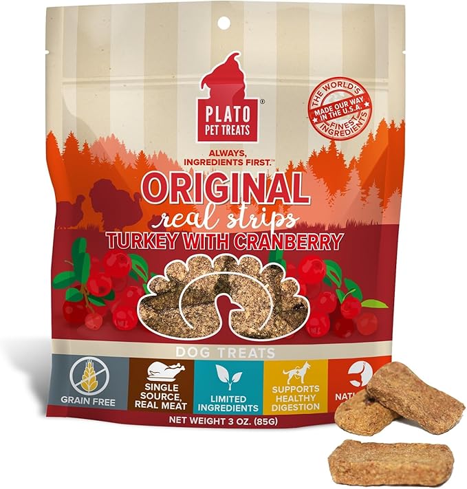 PLATO Turkey Real Strips Natural Dog Treats - Real Meat - Air Dried - Made in the USA - Turkey & Cranberry, 3 ounces