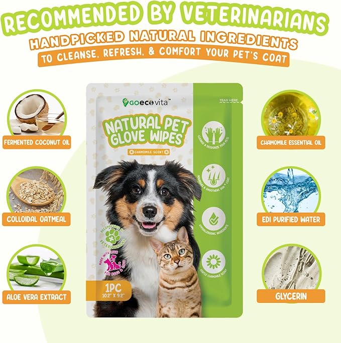 Pet Glove Wipes for Dogs & Cats | Nourish & Clean Fur & Skin | Coconut Oil & Chamomile Rinse-Free Wipes | Bathing Glove Wipes for Daily Care and Travel | Natural, Hypoallergenic (8 Pack)