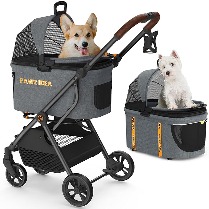 PAWZIDEA Pet Stroller 4 in 1, Dog Strollers with Detachable Carrier No-Zip Canopy, Portable Pet Crate for Car Seat Travel, Foldable & Lightweight Jogger for Small/Medium Dogs and Cats, Storage Basket