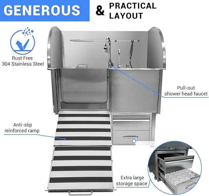 Professional Dog Grooming Tub, 38" Stainless Steel Dog Wash Station with Foldable Ramp, Storage Drawer, Floor Grate & Faucet/Dog Bathtub for Large, Medium & Small Pets - Left Door (38")