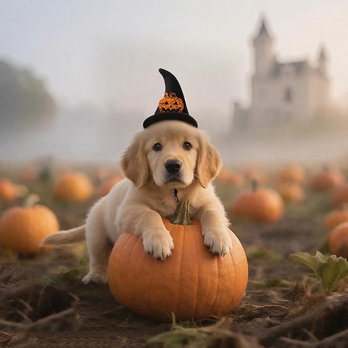 Halloween Pet Costume, Witch Hat for Cats Dogs, Black Adjustable Wizard Hat with Pumpkin Design, Witch Accessories for Small Medium Pets