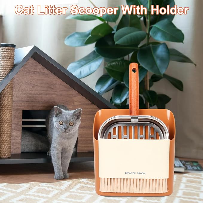 Stainless Steel Cat Litter Scoop with Holder, Kitty Poop Scooper Stand for Litter Box, Fast Sifting Non-Stick Cat Poop Scooper with Coarse and Fine Grids for All Litter Pan, Orange