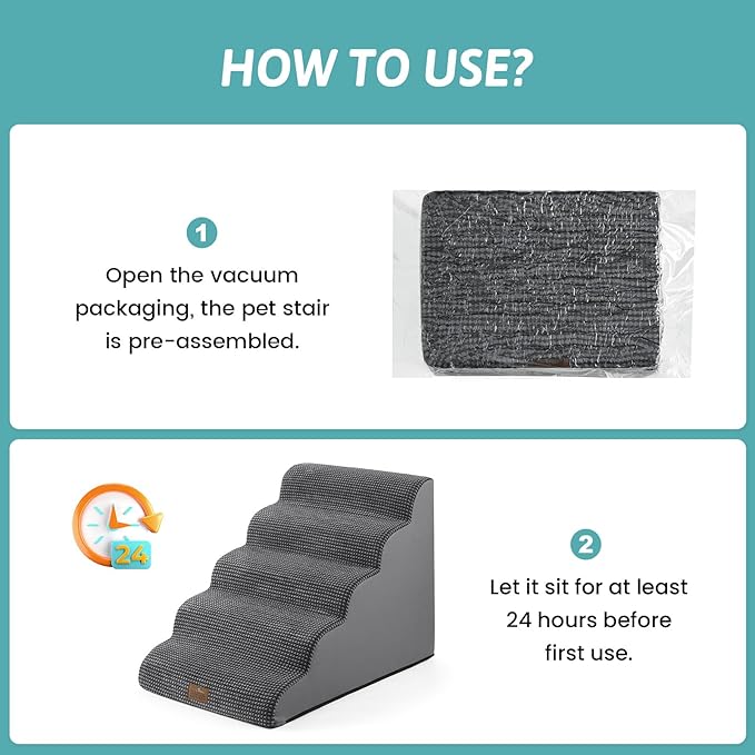 Extra Wide Dog Stairs 19.7" Width, Large Pet Step for Small Medium Dog, Puppy or Cat, Ramp for High Bed or Car, High Density Foam Ladder, Stable, 5 Step, 19.7x33x22.4 in, Charcoal Grey