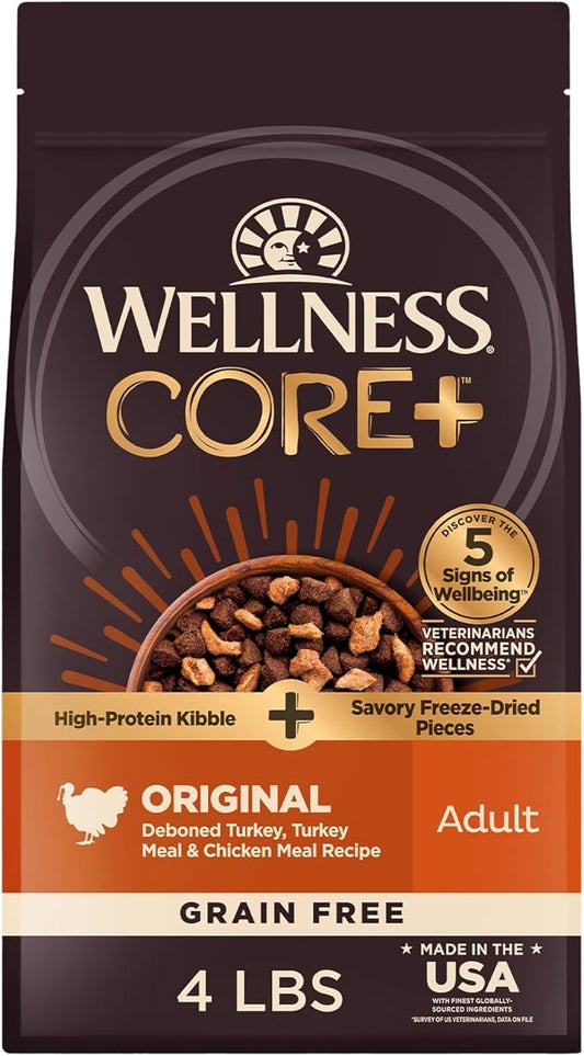 Wellness CORE+ (Formerly RawRev) Natural Grain Free Dry Dog Food, Original Turkey & Chicken with Freeze Dried Turkey, 4-Pound Bag
