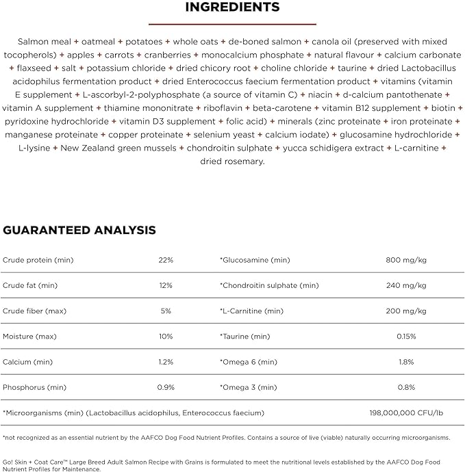 Go! Solutions Skin + Coat Care, Dry Dog Food, Large Breed Adult Salmon Recipe with Grains, 12 lb Bag