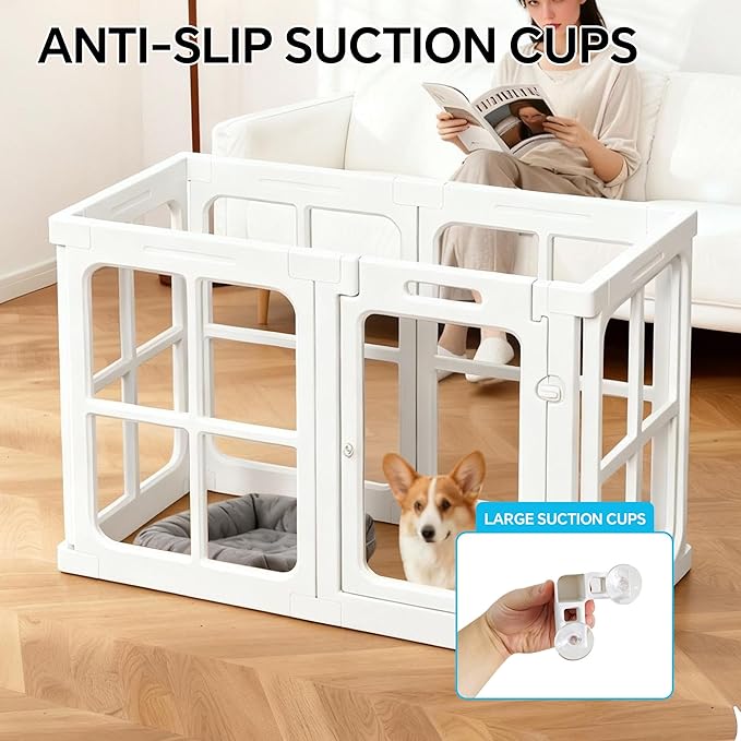 Acrylic Dog Playpen Indoor, 24" H Plastic Pet Playpen with Door, Clear Pet Play Pen for Puppy Cat Rabbit Ferret, Easy Assemble Dog Pen, Preferable for Small Cage, White 6 PCS