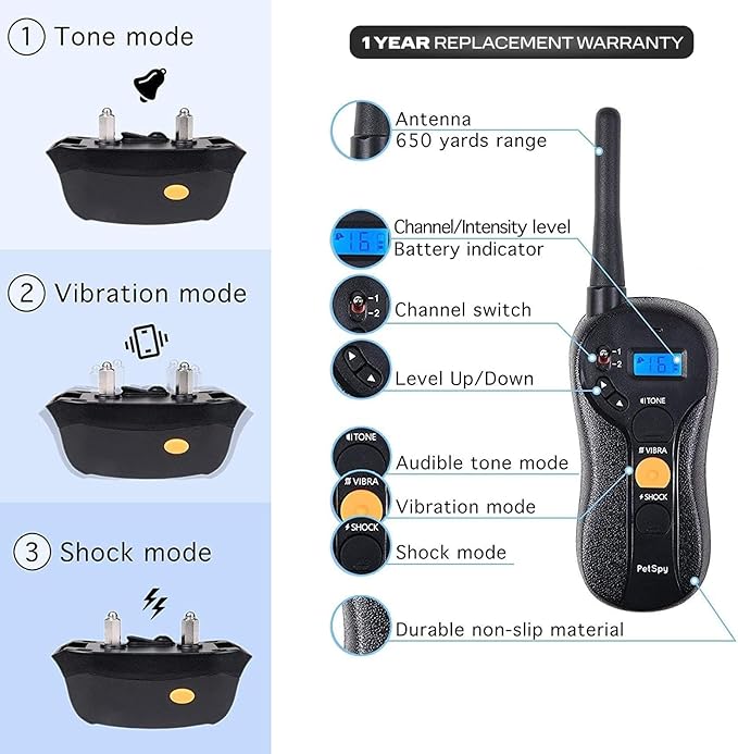 PetSpy Shock Collar for Dogs-Waterproof Dog Shock Collar with Remote Control,Vibration,Electric Shock,Beep-E Collar for Dogs Training,Collar with Remote for 10-140 LBS