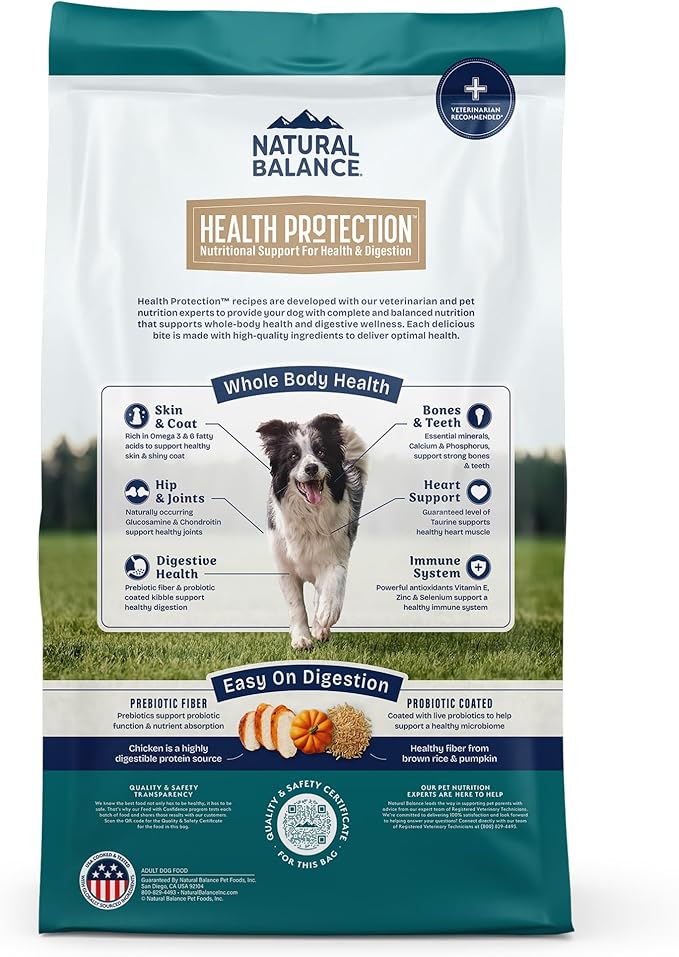 Natural Balance Health Protection Dry Dog Food – Whole Body Health, Easy on Digestion Dog Food Made with Chicken, Brown Rice & Pumpkin for Dogs - 24lbs.