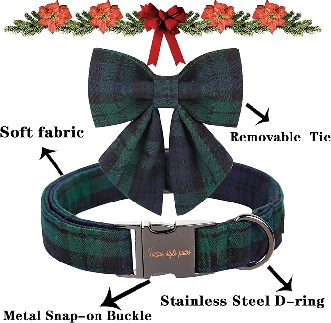 Unique style paws Christmas Dog Collar with Bow Tie Green Plaid Puppy Collar for Small Medium Large Dogs as Autumn Winter Pet Gifts-XS