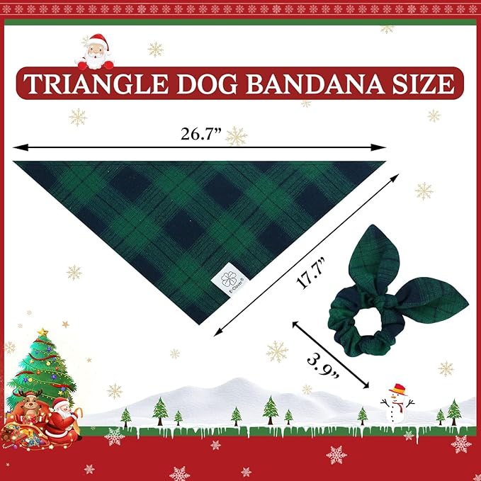 E-Clover Christmas Dog Bandanas Boy & Matching Scrunchie Set Plaid Dog Bibs Scarf Triangle Kerchief Bandana for Medium Large Dogs Birthday Gifts Pet Owner Mom Green Winter