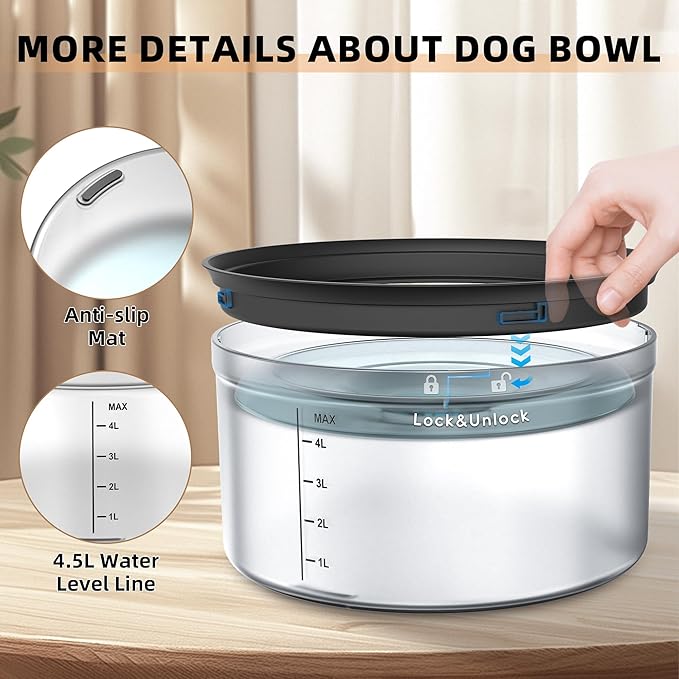 Decflow 1.2Gallon Dog Water Bowl No Spill, 4.5L Large Capacity Spill Proof Dog Bowls with Transparent Floating Disk, Anti-Splash Slow Drinking Dripless Bowl for Sloppy Messy Drinkers (Black)