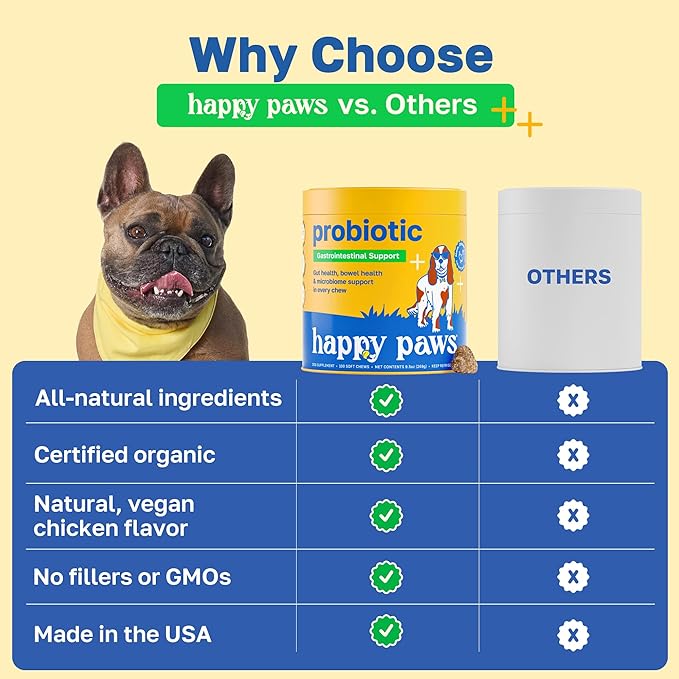 Happy Paws Probiotic Supplement for Dogs, Gut, Skin, Coat & Immune Support for All Breeds & Ages, Made with Coconut Oil & Vitamin E, Vegan Chicken Flavor, Organic, Non GMO, 100 Soft Chews