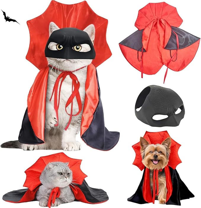 Cat Halloween Costumes - Vampire Bat Wings Cape for Pets, Bat Cat Avenger Mask, Small Dog Halloween Costumes for Trick-or-Treating, Cosplay, Parties & Photos