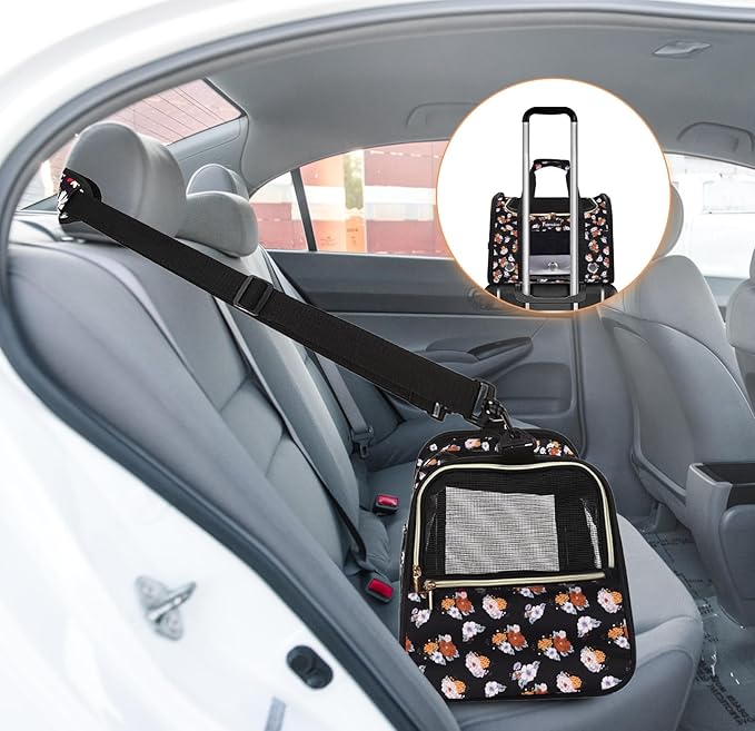 Petmolico Cat Carrier Dog Carrier, Airline Approved Soft Pet Travel Carrier with 3 Open Doors Mesh Windows for Cats Puppy 16 lbs(Large,Orange Flower)