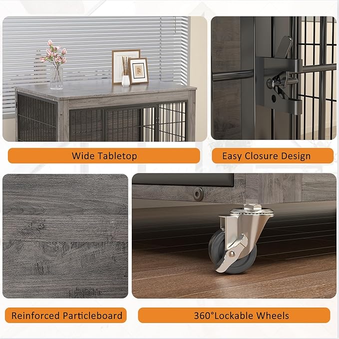 32" Dog Crate Furniture with Cushion,Dog Kennel Indoor for Small/Medium Dog,Wooden Pet House End Table with Durable Mesh,Decorative Pet Crate with Wheels,Wide Top Dog Cage with Storage,Grey