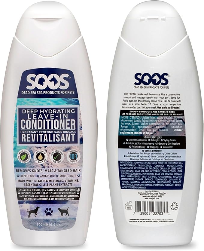 Soos Pet Deep Hydrating Leave-in Conditioner for Dogs & Cats | Natural Dead Sea Minerals | Skin Moisturizer, Polish Deeply, Reduces Shedding | Vitamins for Healthy Skin & Coat - 500ml