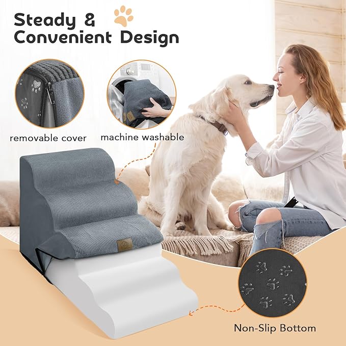 Mestuel Dogs Stairs for High Bed, 23in Foam Dog Stairs Steps for Large Dogs, Large Pet Stairs, 5 Steps Dog Ramp to High Couch Sofa Bed Indoor with Gentle Slope& Nonslip Bottom, Gray