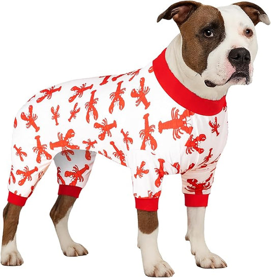 LovinPet Dog Recovery Bodysuit for Size Large Boy Dogs, Wound Care Cotton Pullover Dog Pajamas,Cozy Stretchy Fabric,Red Lobster Print,Large Dog Onesie for Surgery Recovery,Pitbull Party Clothes,3XL