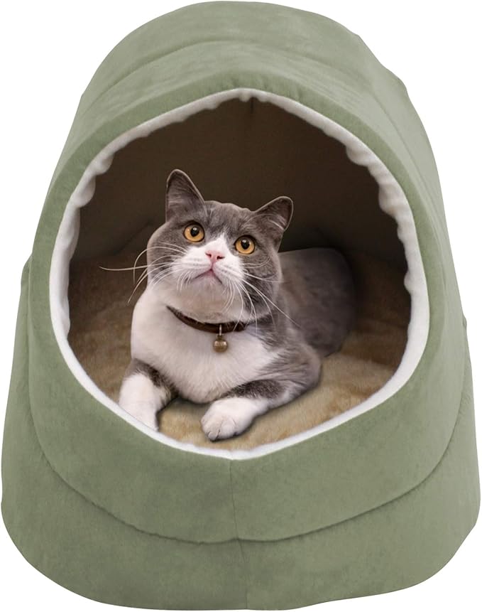 4 in 1 Self Warming Burrow Cat Bed, Pet Hideway Sleeping Cuddle Cave (Sage Green-2)