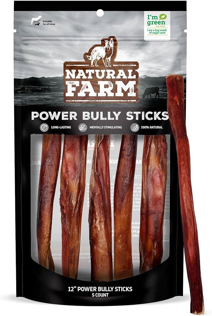 Natural Farm Power Bully Sticks Dog Chews (12”, 5-Pack), 2-in-1 Power Chews: Premium Beef Cheek Wrapped in Beef Pizzle, Great Dog Dental Treats, for Small, Medium & Large Dogs