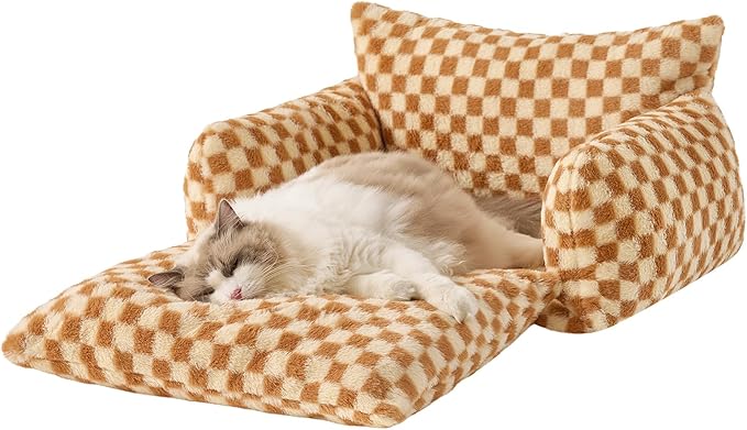 Hollypet Cat Bed Fluffy Plush Mutifuctional Double-Layer Soft Pet Couch Orthopedic Sofa Nest Beds for Small Cats and Dogs, Brown and Light Yellow (25x20x13 inch)