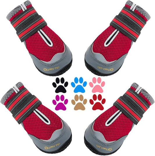 QUMY 4PCS Dog Boots for Large Dogs, Medium Dog Shoes & Paw Protectors for Hot Pavement, Summer Heat Protection, Mesh Breathable Nonslip Dog Booties for Hardfloors, Walking Running Hiking Red Size 3