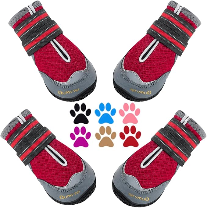 QUMY 4PCS Dog Boots for Large Dogs, Medium Dog Shoes & Paw Protectors for Hot Pavement, Summer Heat Protection, Mesh Breathable Nonslip Dog Booties for Hardfloors, Walking Running Hiking Red Size 2