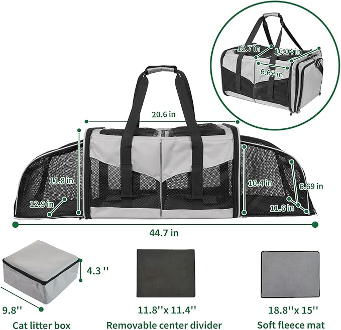 Cat Carrier with Litter Box - INRLKIT Cat Carrier for 2 Cats, Portable 2-in-1 Double Cat Travel Carrier Bag for Traveling, Expandable Pet Carrier for Car, Portable Travel Litter Box for Cats (Grey)