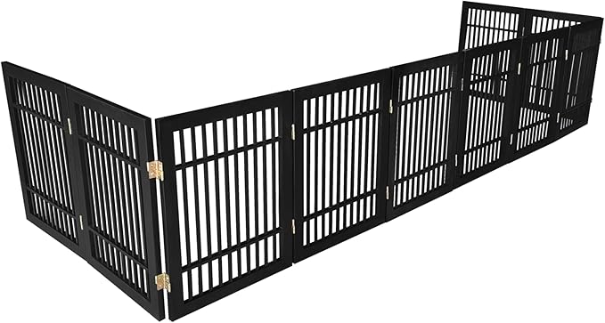 Pet Dog Gate Strong and Durable Freestanding Folding Acacia Hardwood Portable Wooden Fence Indoors or Outdoors by Urnporium (Black Pet Gate, 10 Panel 24" Tall)
