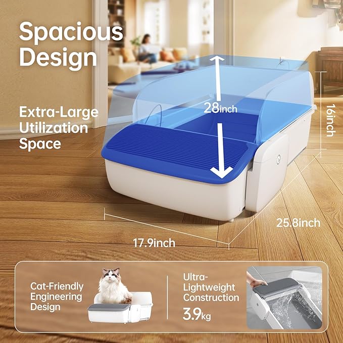 Self Cleaning Litter Box, Automatic Cat Litter Box with APP Control, Odor-Free Waste Disposal Includes Trash Bags, Large Waste Bin, Open-Top, for Multiple Cats