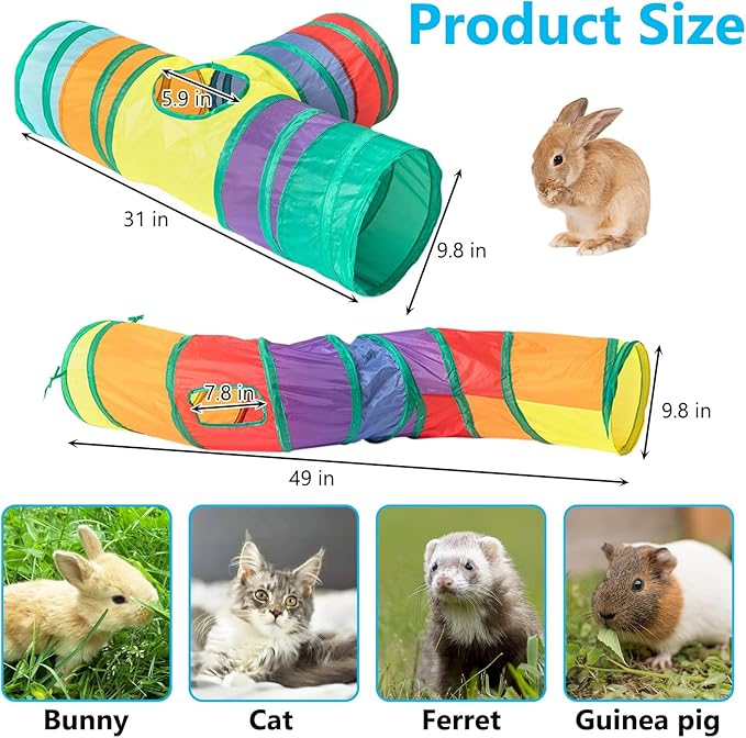 BNOSDM Bunny Tunnel, Collapsible 3 Way and S-Type Rabbit Tunnels Tubes, Small Animal Activity Tunnel Toys with Chew Toys for Indoor Rabbit Bunny Guinea Pigs Ferret Kitten