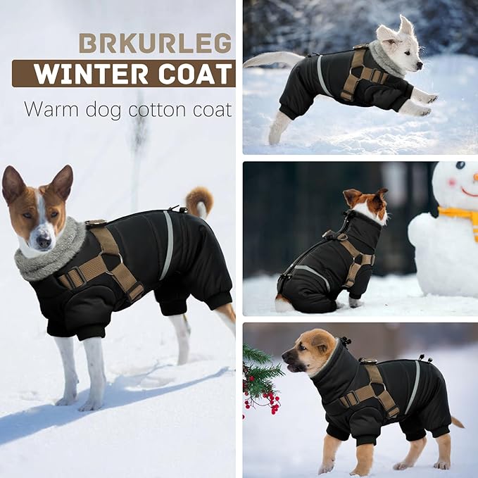 BRKURLEG Black Dog Coat with Harness, Dog Winter Jacket, Dogs Onesie Body Warm Jackets, Small Dogs Winter Coats Reflective Windproof Warm Cold Weather Coats, Pet Waterproof Jacket Hiking XL